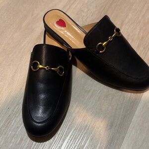 Black New Leather Mules with Gold Accent